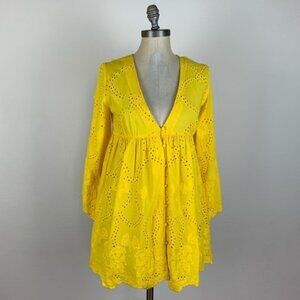 Zara Eyelet Cotton Tunic Dress Bright Yellow Size Small